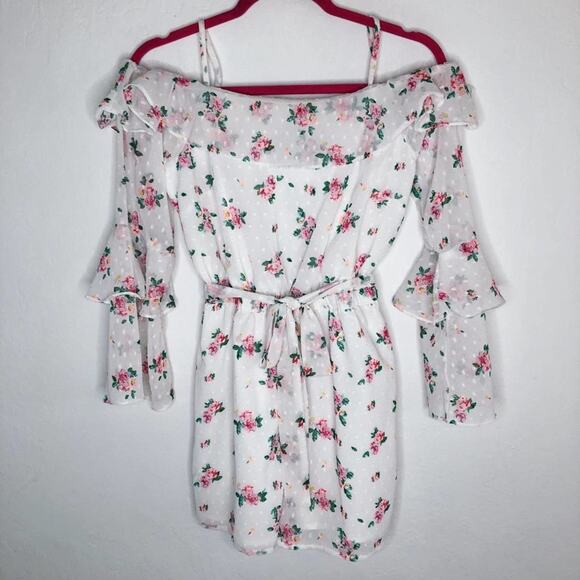Topshop Floral Rose Swiss Dot Bardot Long Ruffle Sleeve Cold Shoulder Romper 6 - Picture 3 of 13